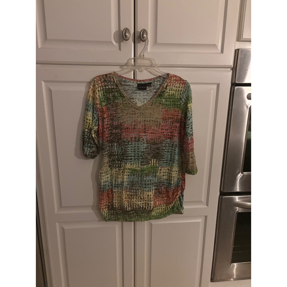 Tribal Womens Multicolor Abstract Print V-Neck Side‎ Ruched 3/4 Sleeve Top Large